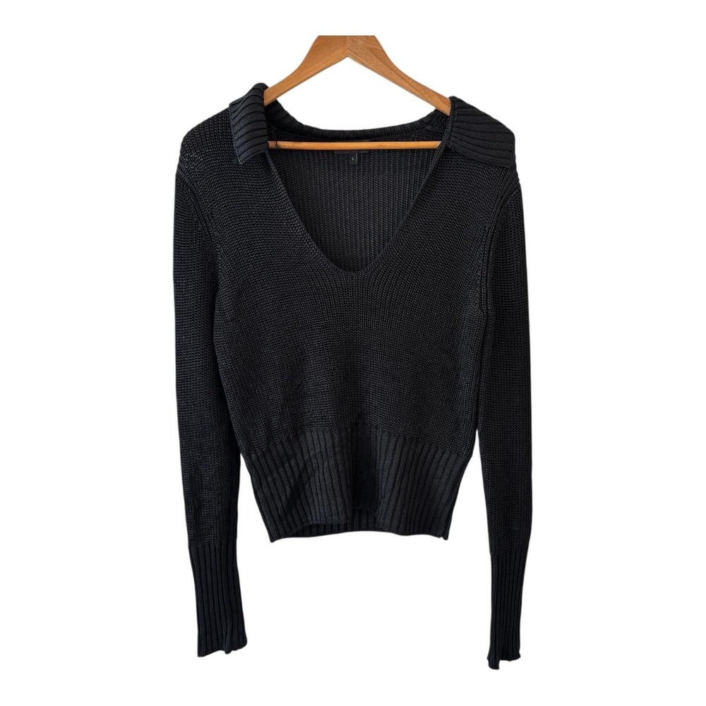 Theory Womens Back Collar Roving Viscose Sweater Size L Black V-Neck Classic‎